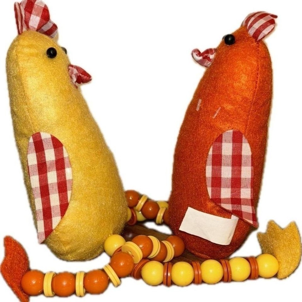 Whimsical Orange/Yellow Pair‎ Country Hens Shelf Sitter Button Beaded Legs Decor - Picture 2 of 8